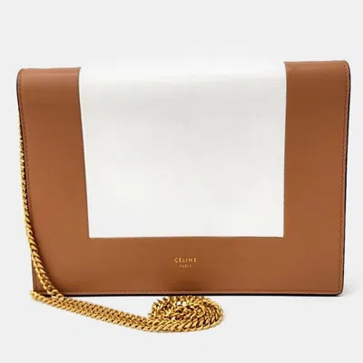 Pre-owned Celine Brown White Leather Frame Evening Clutch On Chain