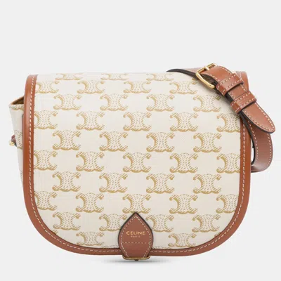 Pre-owned Celine Brown White Medium Triomphe Coated Canvas Folco Crossbody