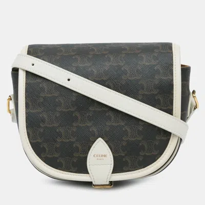 Pre-owned Celine Brown White Medium Triomphe Coated Canvas Folco Crossbody