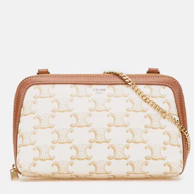 Pre-owned Celine Brown White Triomphe Coated Canvas Clutch On Chain