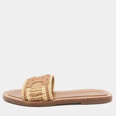Pre-owned Celine Brown/beige Woven Fabric And Raffia Lympia Flat Slide Sandals Size 38