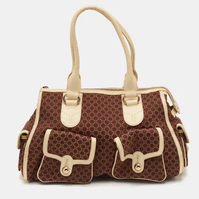 Pre-owned Celine Brown/cream Macadam Canvas And Leather Side Pocket Bag