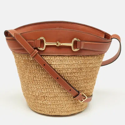 Pre-owned Celine Brown/cream Raffia And Leather Crecy Bucket Bag