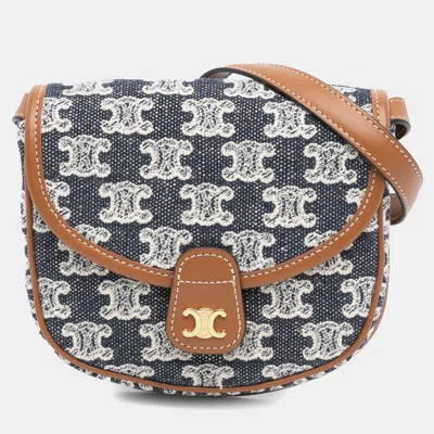 Pre-owned Celine Brown/navy Blue Mini Triomphe Embroidered Canvas Besace Crossbody