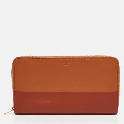 Pre-owned Celine Brown/tan Leather Colorblock Zip Continental Wallet