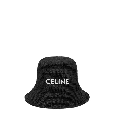 Celine Bucket Hat In Raffia In Black