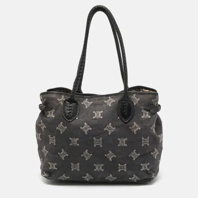 Pre-owned Celine Buckle Black Triomphe Denim And Leather Tote