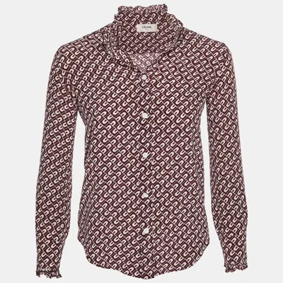 Pre-owned Celine Burgundy Geometric Print Silk-crepe Ruffle Blouse S