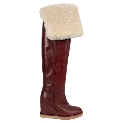 Pre-owned Celine Burgundy Leather 2019 Manon Shearling Lined Over Knee Boots Shoes 37 In Red