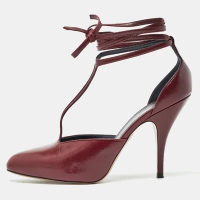 Pre-owned Celine Burgundy Leather Ankle Wrap Pointed Toe Pumps Size 38.5