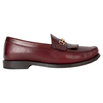 Pre-owned Celine Burgundy Leather Triomphe Chain Fringe Loafers Shoes 36.5 In Red