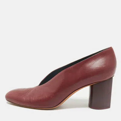 Pre-owned Celine Burgundy Leather V Neck Round Toe Block Heel Pumps Size 40.5