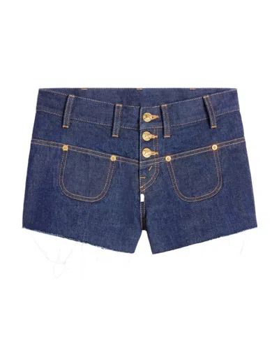 Celine Button Denim Shorts In Blue