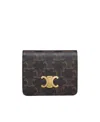 Celine Triomphe Small Wallet In Brown Canvas With Leather Trims For Women In Black