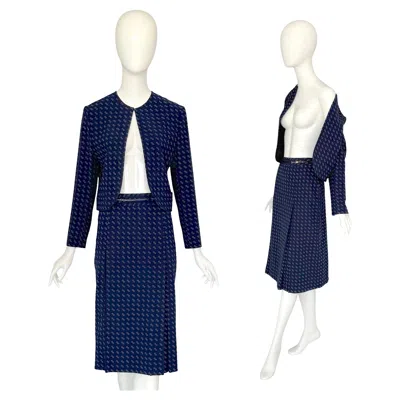 Pre-owned Celine Céline By Céline Vipiana Wool Navy Blue/white Patterned Two Piece Skirt Suit