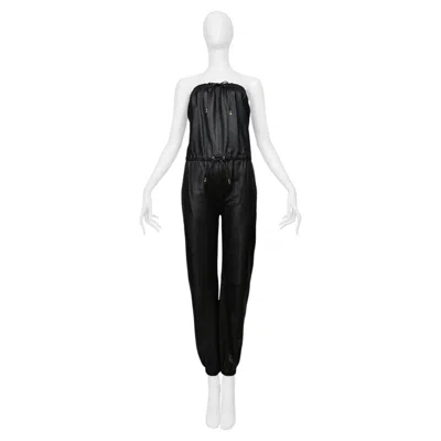 Pre-owned Celine By Hedi Slimane Black Leather Strapless Jumpsuit With Gold Detailing 2021