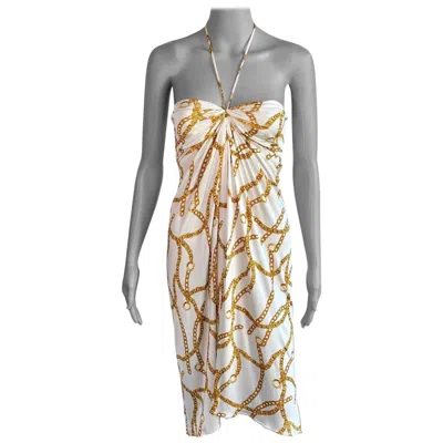 Pre-owned Celine By Michael Kors S/s 2004 Gold Chain Logo Print Halter Dress In Gray