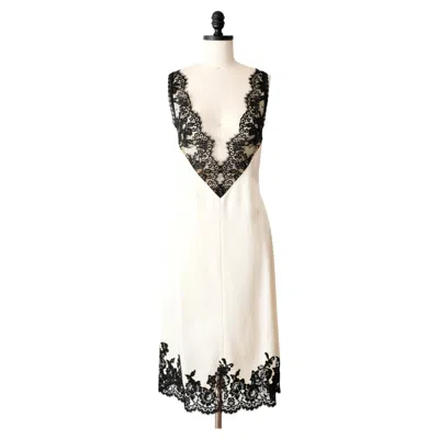Pre-owned Celine By Phoebe Philo Ss2016 White With Black Lace Slip Midi Dress (m)