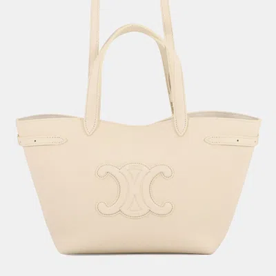 Pre-owned Celine Cabas Anais Cuil Triomphe Cream Calf Leather Size Mini In White