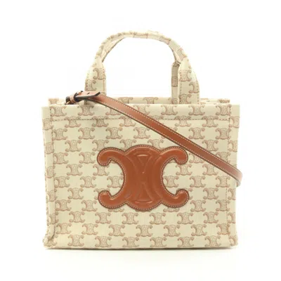 Celine Cabas Beige Brown Canvas Leather Tote Bag In Beige, Brown