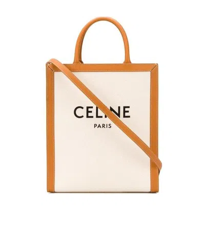 Celine Cabas Canvas And Cowhide Handbags In White