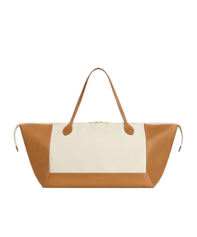 Celine Cabas Frame East West In Textile And Calfskin In Brown