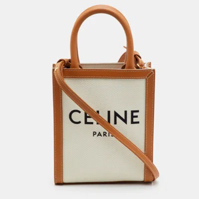 Pre-owned Celine Cabas Mini Tan/white Canvas And Leather Vertical Tote