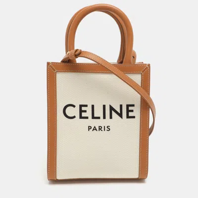 Pre-owned Celine Cabas Mini Tan/white Canvas And Leather Vertical Tote In Brown