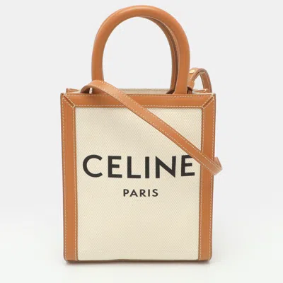 Pre-owned Celine Cabas Mini Tan/white Canvas And Leather Vertical Tote In Brown