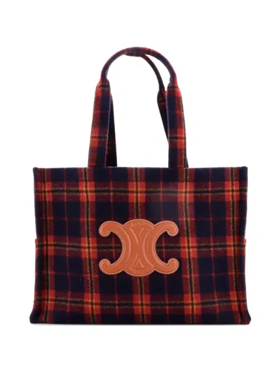 Pre-owned Celine Cabas Thais Tartan Wool Large Tote Bag In Blue