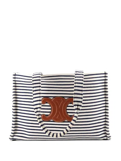 Pre-owned Celine Cabas Thais Triomphe Striped Canvas Large Tote Bag In Blue