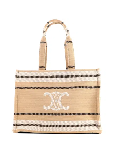 Pre-owned Celine Cabas Thais Triomphe Striped Jacquard Textile Large Tote Bag In Neutral