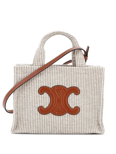 Pre-owned Celine Cabas Thais Triomphe Striped Textile Small Tote Bag In Neutral