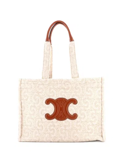 Pre-owned Celine Cabas Thais Triomphe Wool Large Tote Bag In Neutral