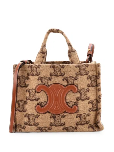 Pre-owned Celine Cabas Thais Triomphe Wool Small Tote Bag In Brown