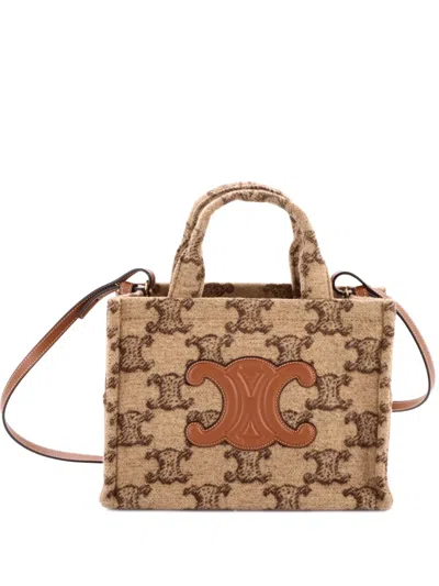 Pre-owned Celine Cabas Thais Triomphe Wool Small Tote Bag In Neutral
