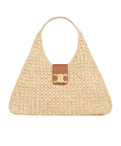 Celine Cabas Triangle  In Raffia And Calfskin In Natural/tan