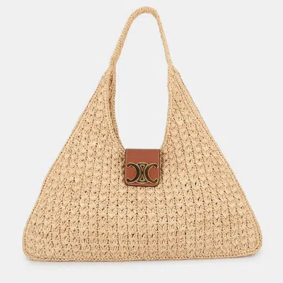 Pre-owned Celine Cabas Triomphe Triangle Basket Bag Brown Raffia Leather