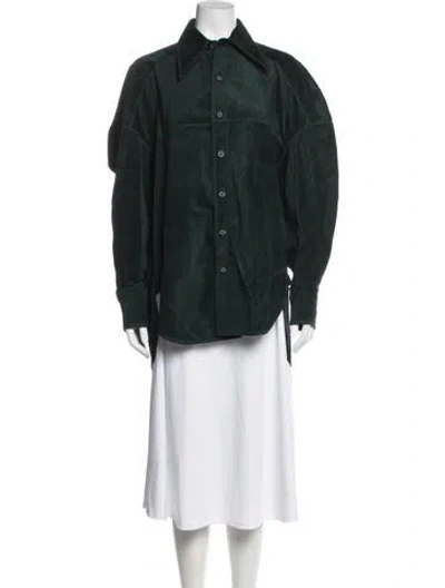Pre-owned Celine Calfskin Long Sleeve Button-up Top In Green