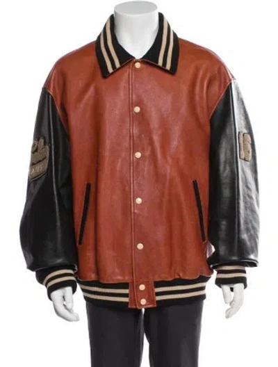 Pre-owned Celine Calfskin Striped Varsity Jacket In Brown