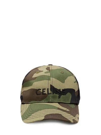 Celine Camo Baseball Cap With Embroidered Logo In Green