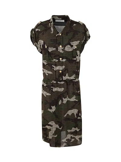Celine Camouflage Silk Logo Shirt-dress In Brown