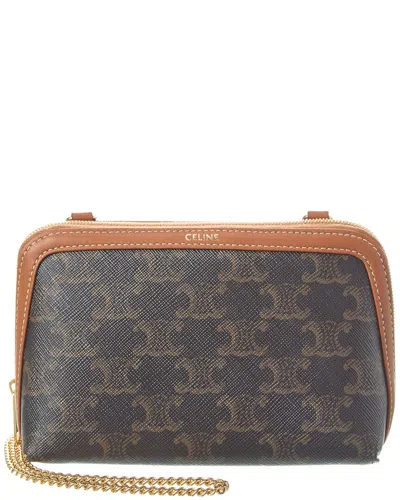 Celine Clutch With Chain In Triomphe Canvas And Lambskin In Brown