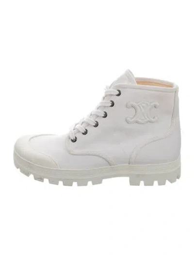 Pre-owned Celine Canvas Embroidered Accent Combat Boots In White