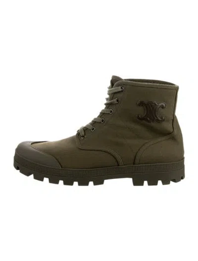 Pre-owned Celine Canvas Lace-up Boots In Green