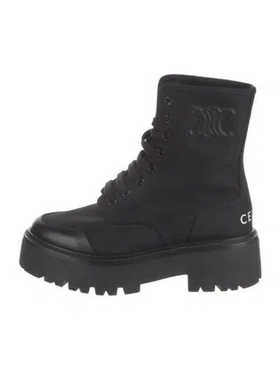 Pre-owned Celine Canvas Leather Trim Embellishment Combat Boots In Black