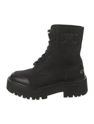 Pre-owned Celine Canvas Leather Trim Embellishment Combat Boots In Black