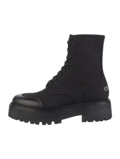 Pre-owned Celine Canvas Leather Trim Embellishment Combat Boots In Black
