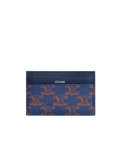 Celine Card Holder In Triomphe Canvas And Calfskin In Blue