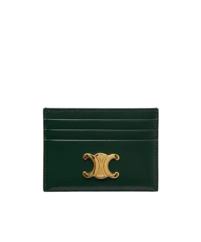 Celine Card Holder Triomphe In Shiny Calfskin In Green